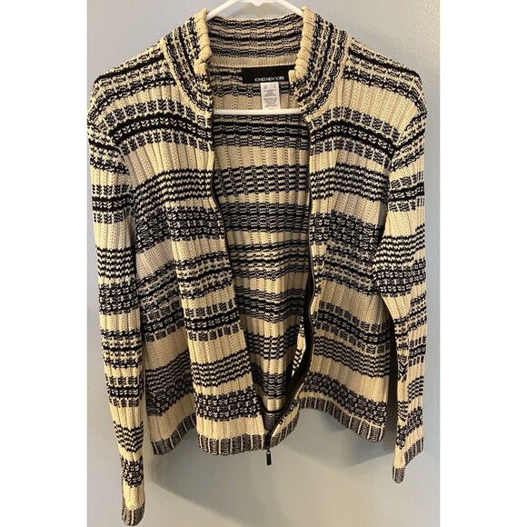 Jones New York Womens Full Zip Sweater Brown/Black Striped Size L - Picture 1 of 7